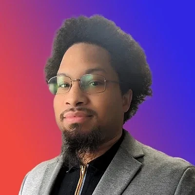 Jay Hall headshot red blue