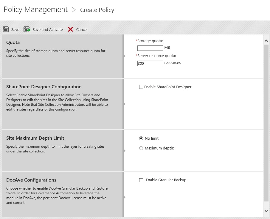 Figure 4. Administrator configuration screen to define policy on site collections to be provisioned to Office 365.