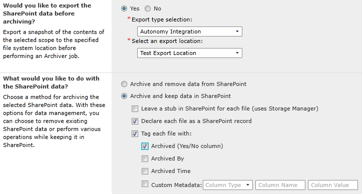 Figure 1: Several of the options available when archiving data with DocAve Archiver in DocAve 6 SP 3.