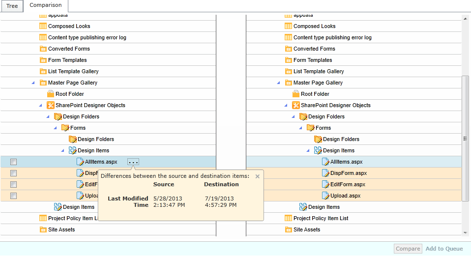 Figure 2: DocAve Deployment Manager enables you to compare items and easily add them into a deployment plan.