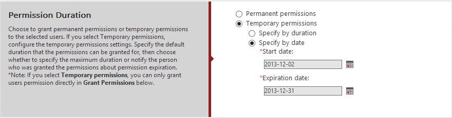 Figure 3. Settings for temporary permissions on the permissions request form in DocAve Governance Automation SP 4.