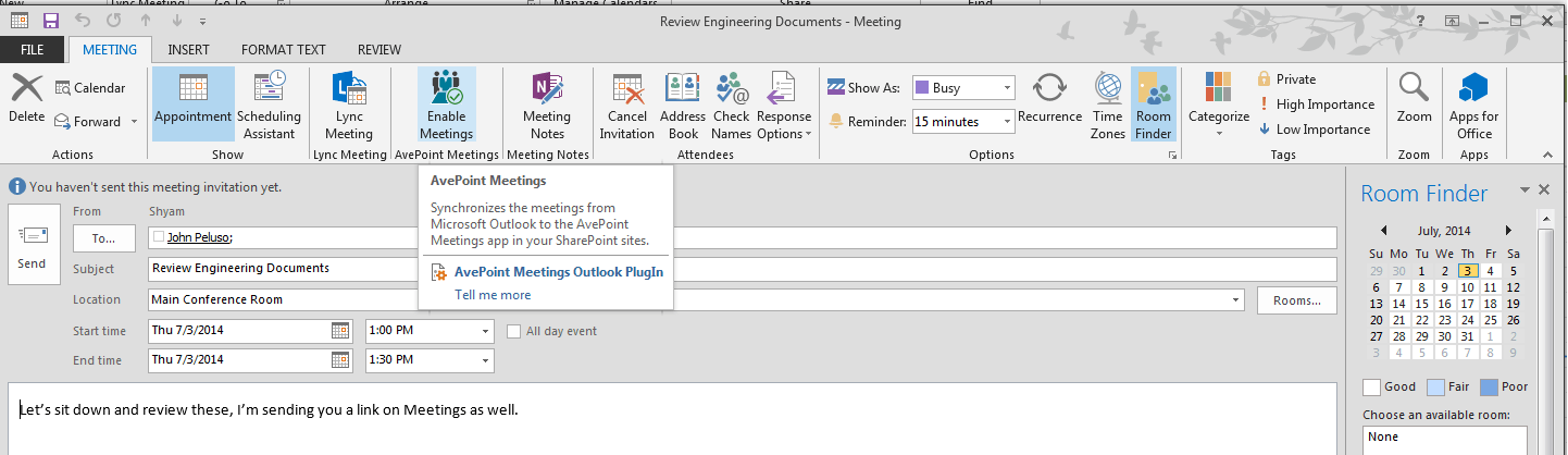 AvePoint Meetings Outlook integration screenshot