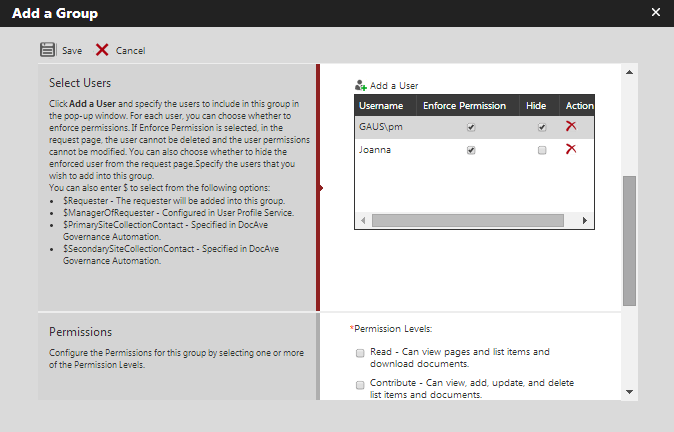 Mandate specific AD users or AD groups to a permission group and optionally hide this information on the request form.