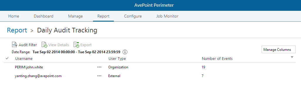 Screenshot of Daily Audit Tracking in AvePoint Perimeter