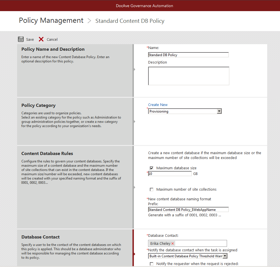 Content Database Policy settings in DocAve Governance Automation.