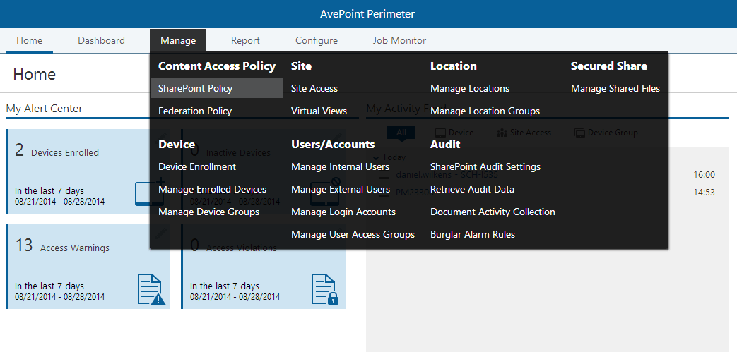 Screenshot of manage tab in AvePoint Perimeter