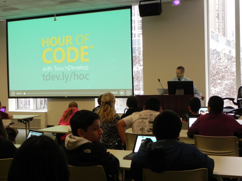 Microsoft’s Larry Kuhn introduces the students to coding.
