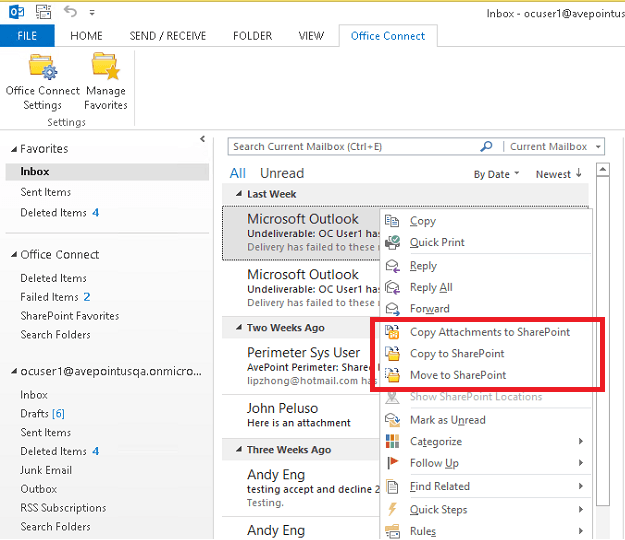 Right click emails within Outlook to copy or move emails and attachments directly to SharePoint.