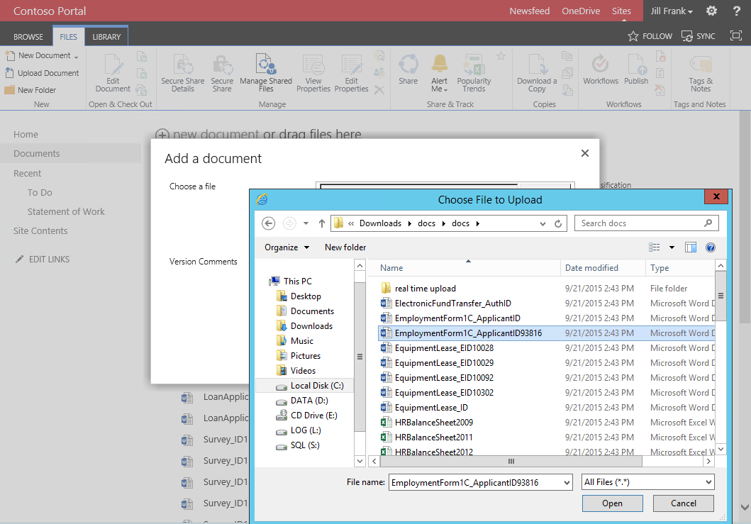 Uploading a document to SharePoint.