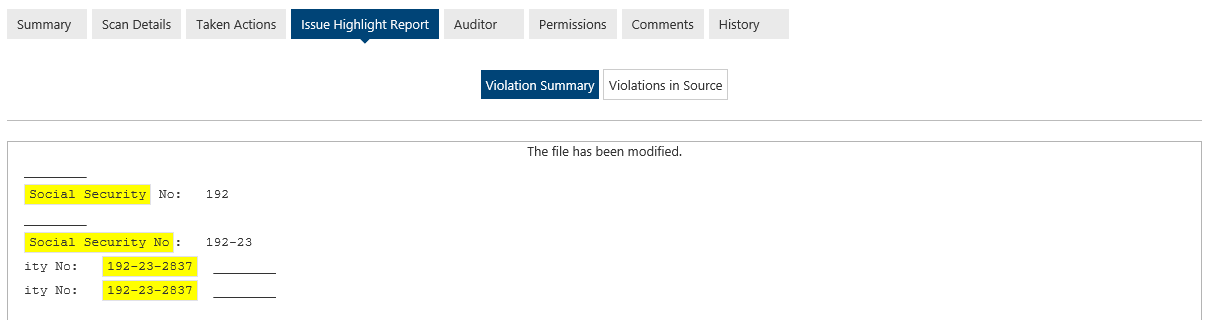 The Issue Highlight Report tab gives a full context of the violation within the document.