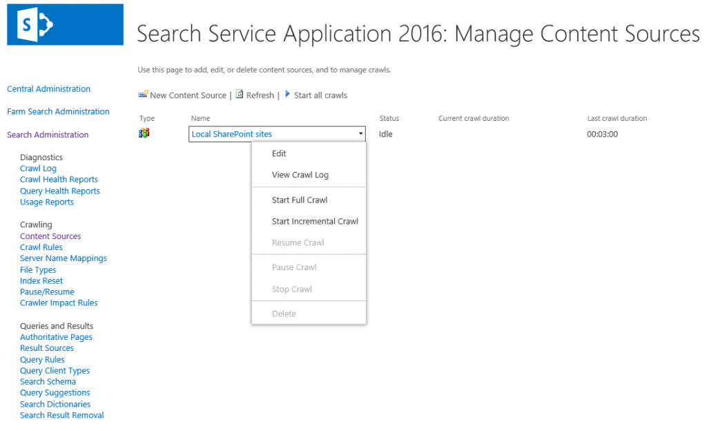 Kicking off a full search crawl in SharePoint 2016.