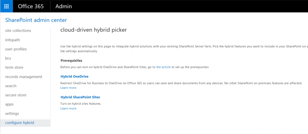 Setting up hybrid features in SharePoint 2016.