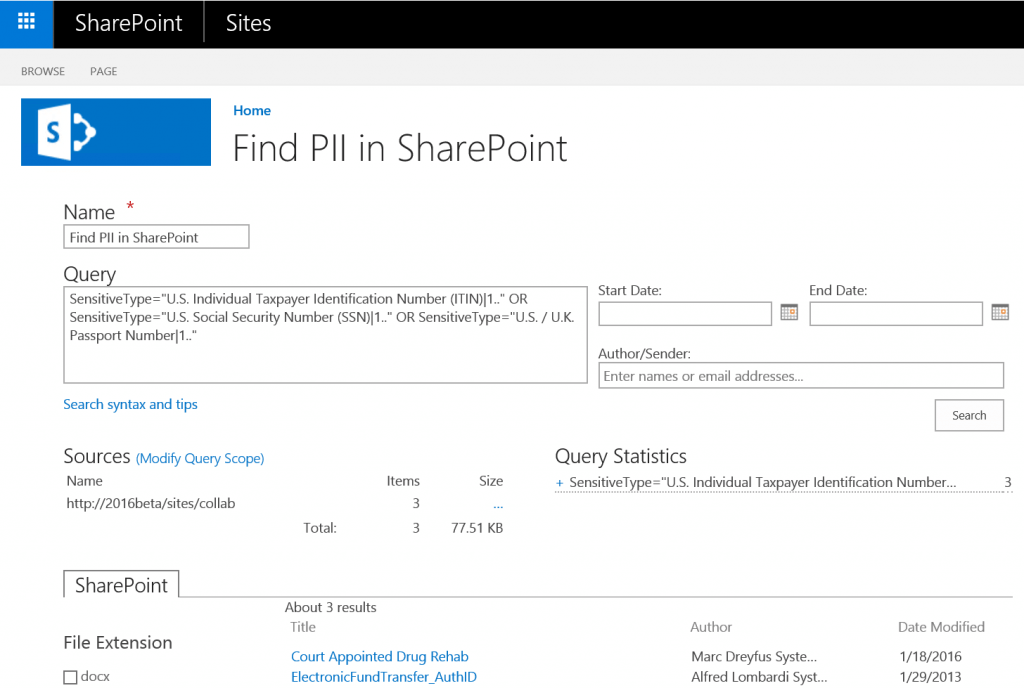 Running a search to find Personally Identifiable Information (PII) in Office 365.