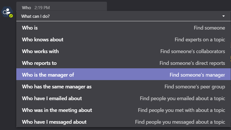 Available Commands in the Microsoft Teams Who App