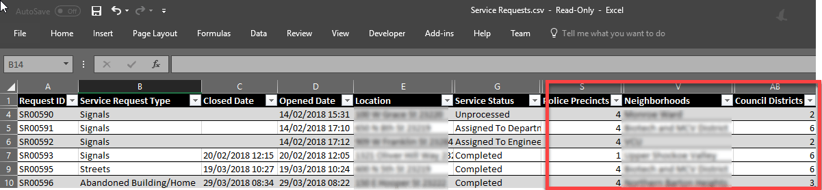 Figure 3: Map Layer data in Service Request Export file.