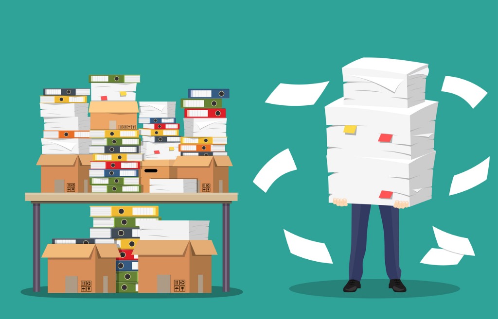 businessman holds pile of office papers and documents vector id862196618