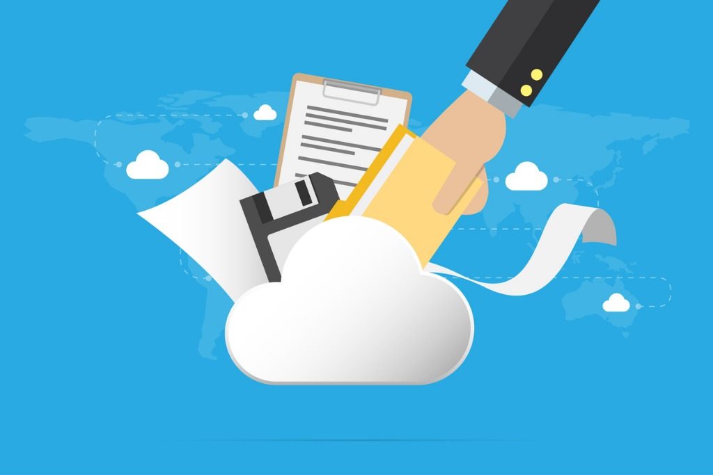 business hand insert document into the cloud with floppy disk and vector id906583430