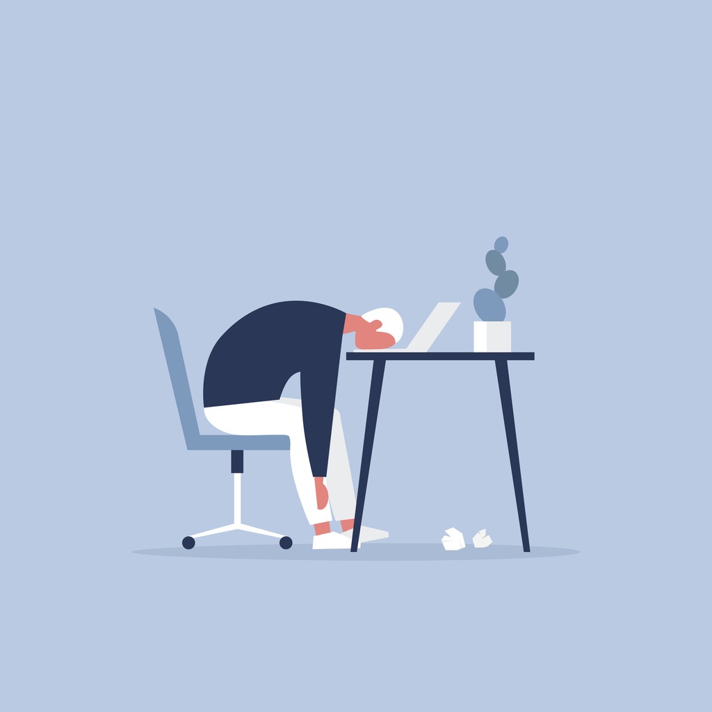 professional burnout young exhausted manager sitting at the office vector id1084925542