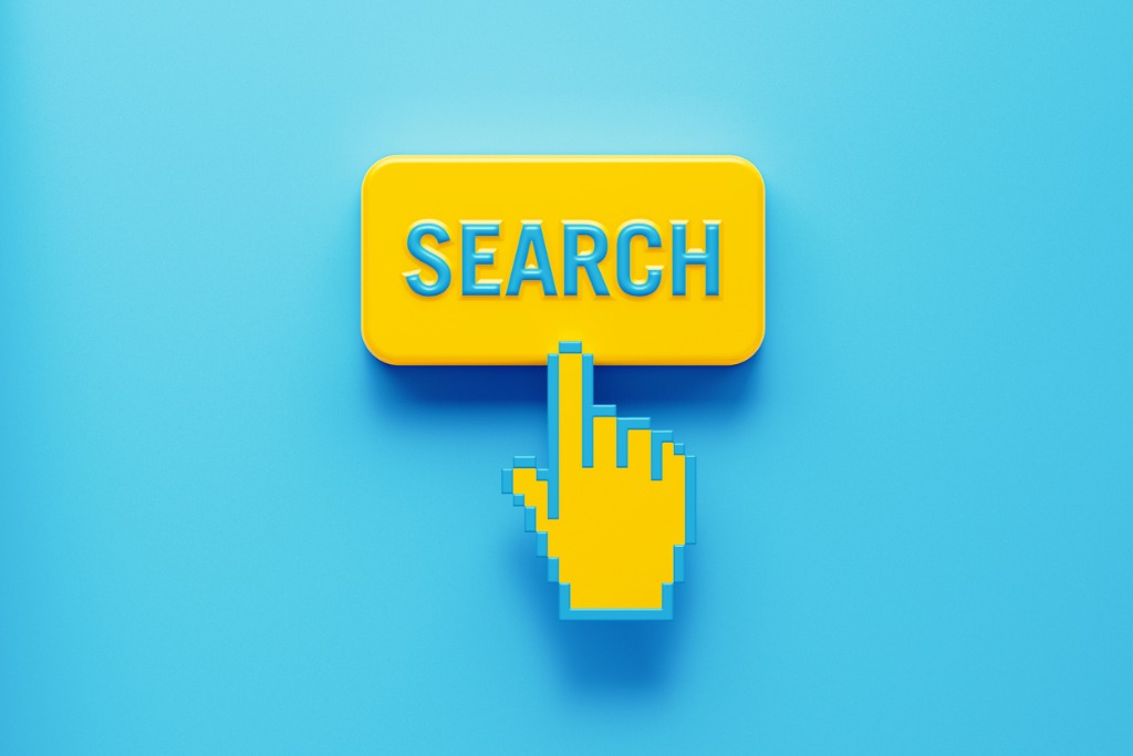 hand shaped computer cursor clicking over a yellow push button search picture id1208010422