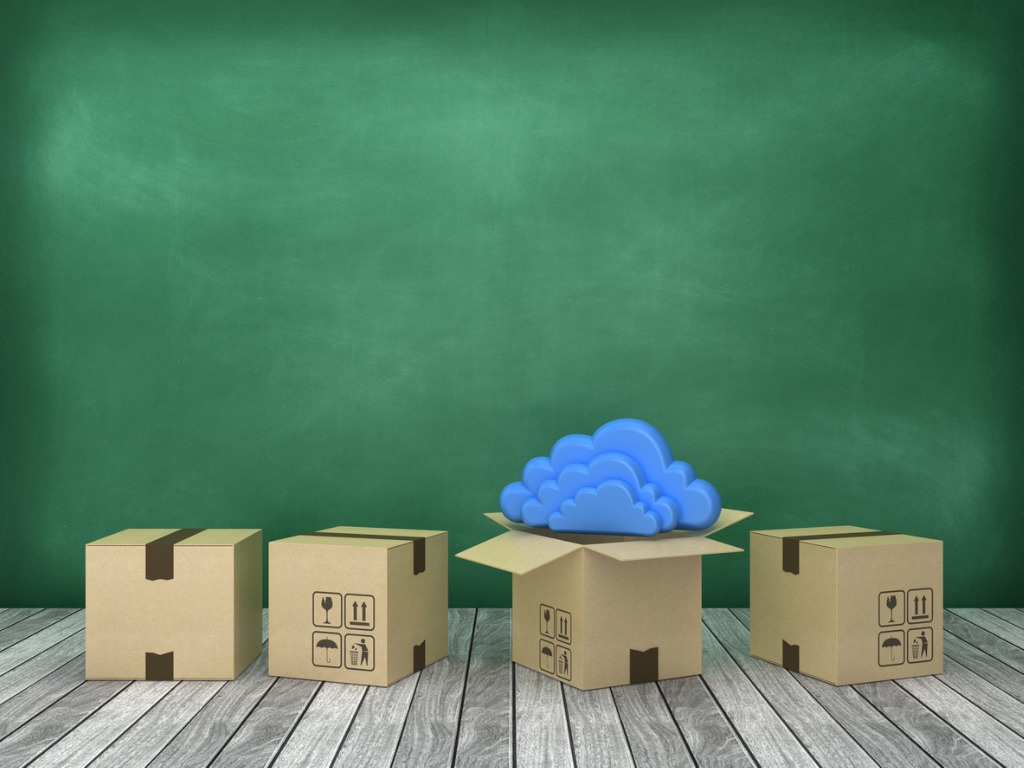 cardboard box with cloud computing on wood floor chalkboard 3d picture id1180182990