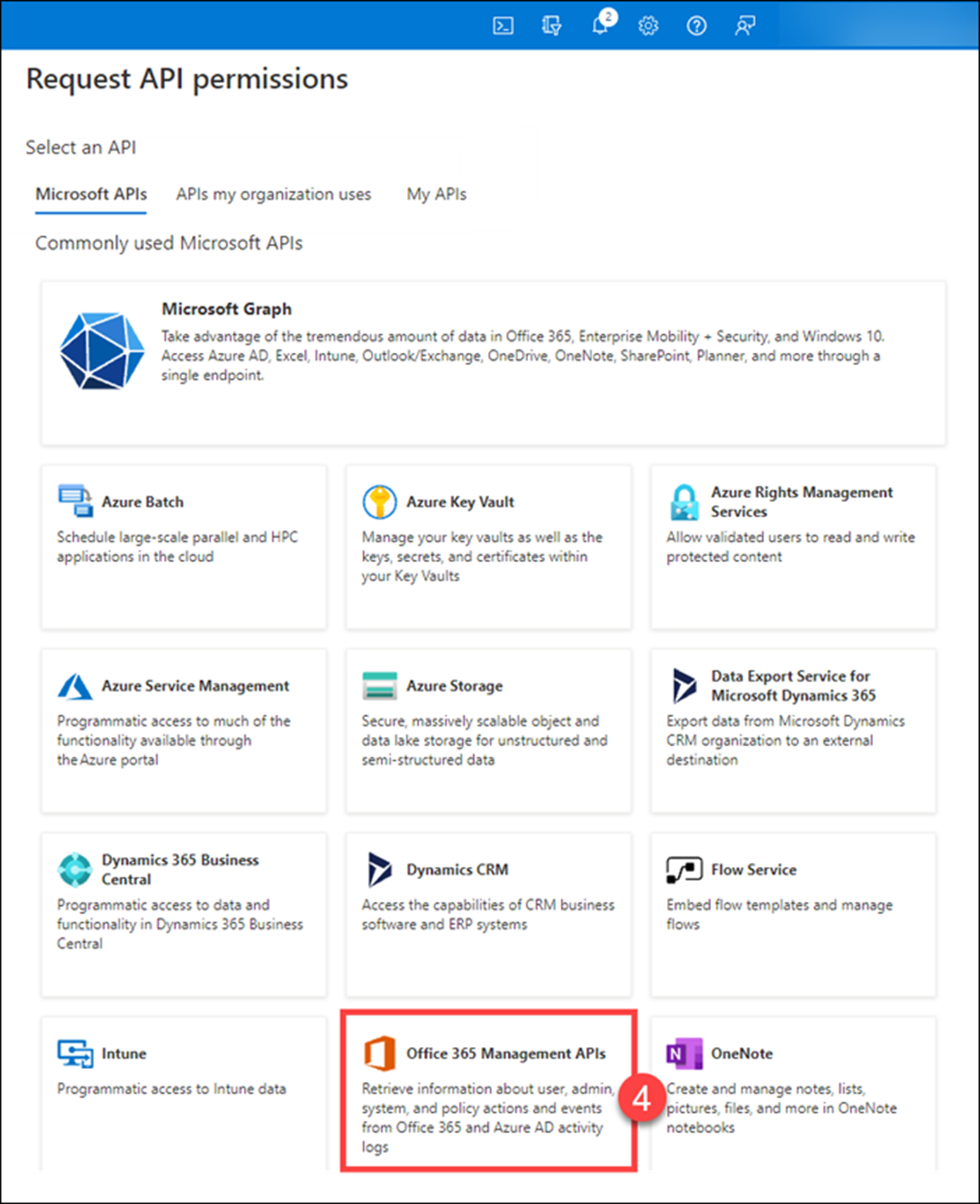screenshot of selecting Microsoft APIs