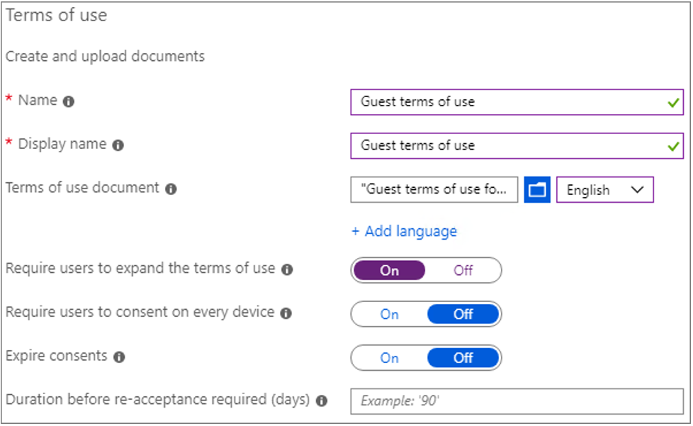 Office 365 guest terms of use options