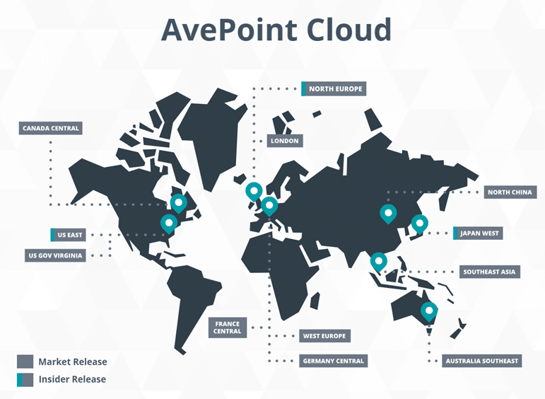 Map of AvePoint Cloud Backup global Datacenters